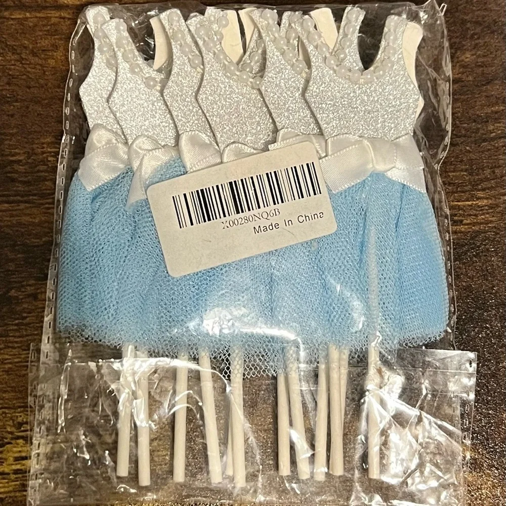Blue Silver Ballerina Tutu Cake Topper for Girl Birthday Centerpiece Pack of 12